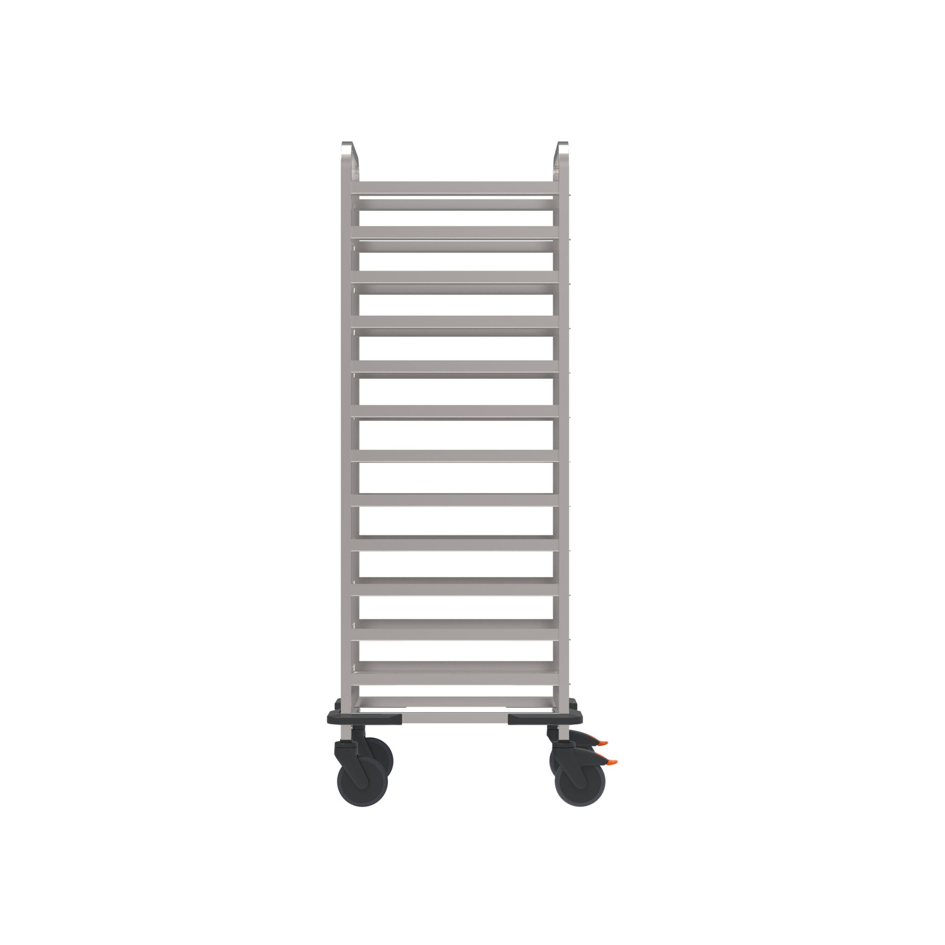 Metallischer Transportwagen mit Rollen.