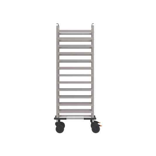 Metallischer Transportwagen mit Rollen.