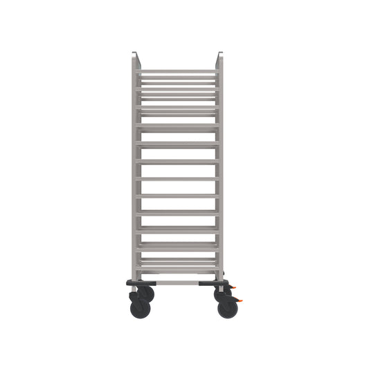 Metallischer Transportwagen mit Rollen.