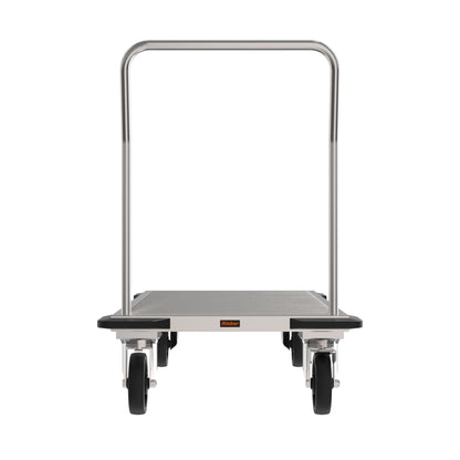Transportwagen aus Edelstahl mit Rollen.