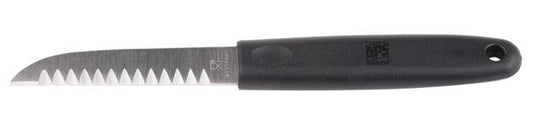 Gezacktes Messer mit schwarzem Griff.