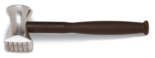 Fleischklopfer mit schwarzem Griff.
