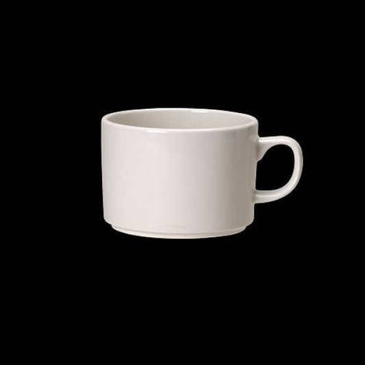 Weiße Tasse auf schwarzem Hintergrund.