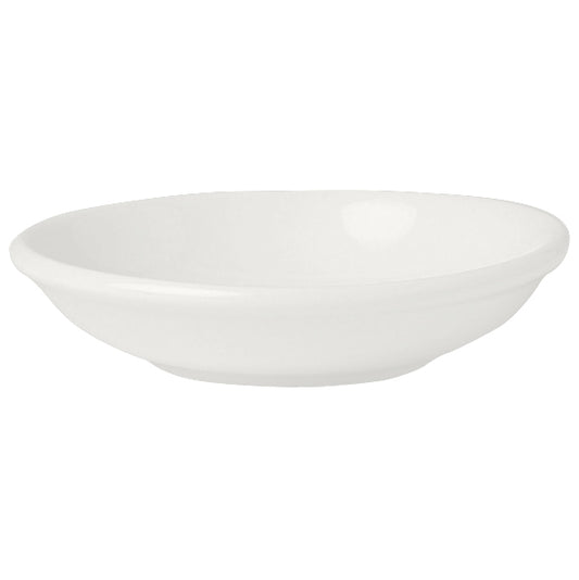 Weiße, flache Porzellanschale, leer.
