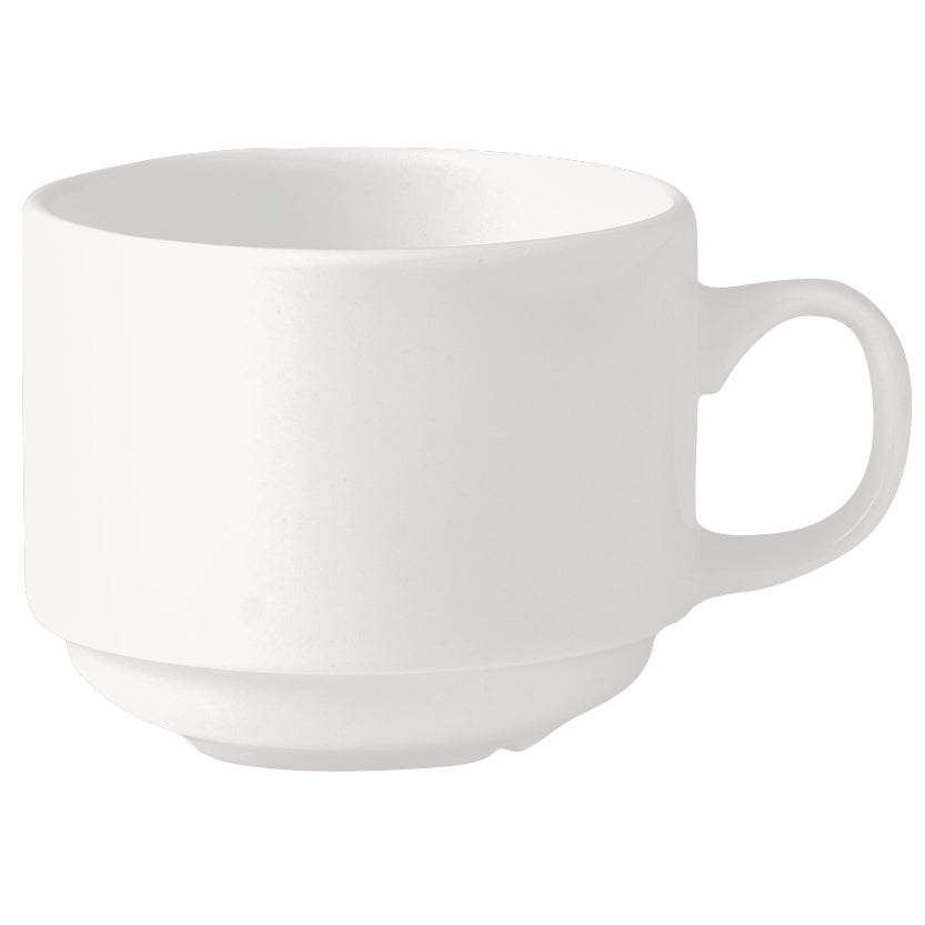 Weiße Tasse mit Henkel.