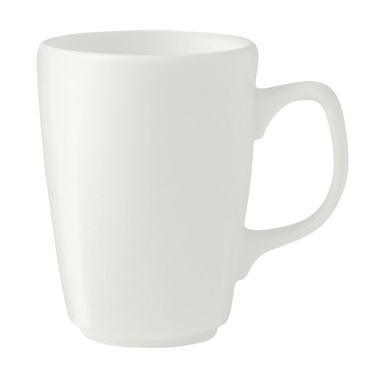 Weiße Tasse mit Henkel.