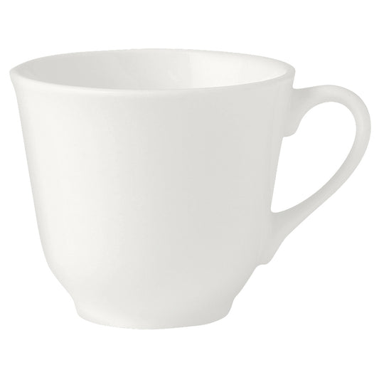 Weiße Tasse auf weißem Hintergrund.