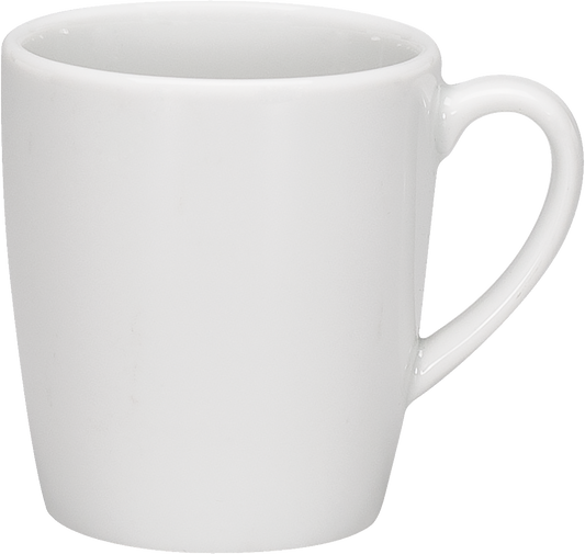 Weiße Tasse mit Henkel.
