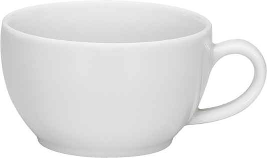 Weiße Tasse mit Henkel.