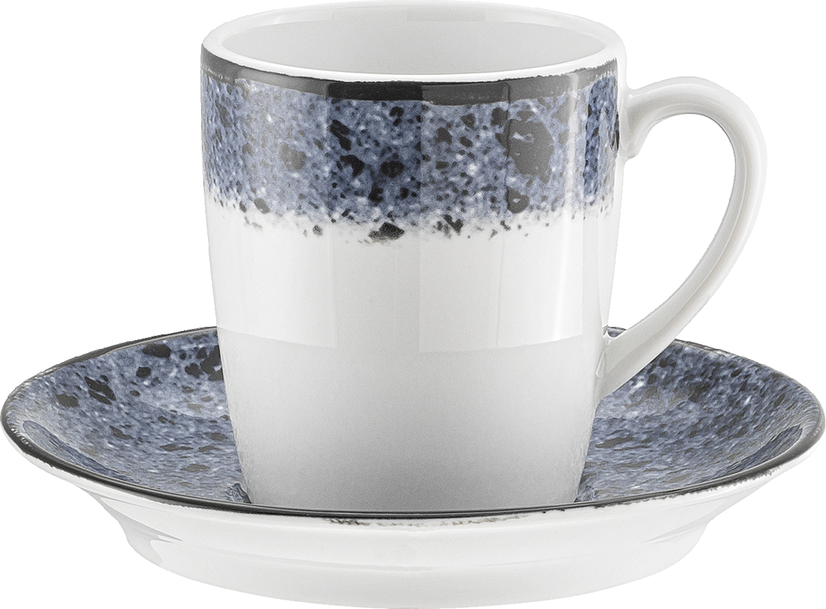Tasse mit Untertasse, blau-weiß.