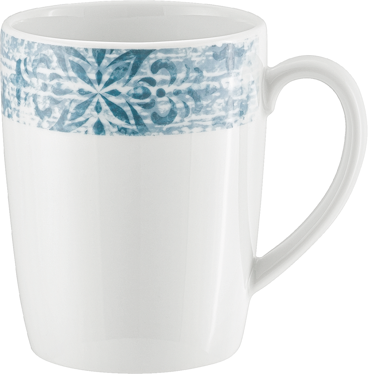 Weiße Tasse mit blauem Muster.