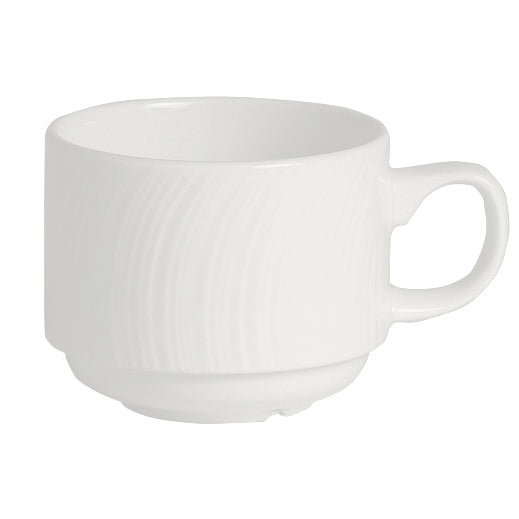 Weiße Tasse mit Henkel.