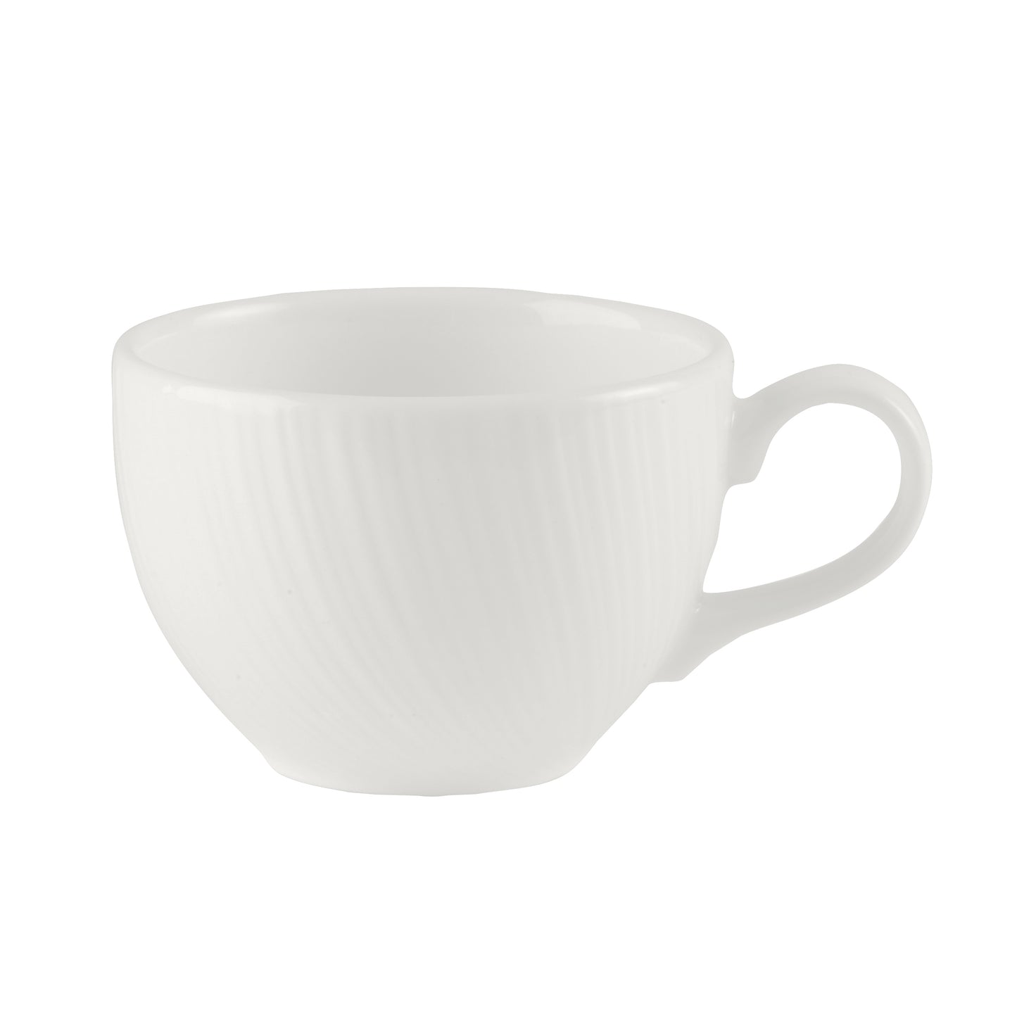 Weiße, geriffelte Kaffeetasse.