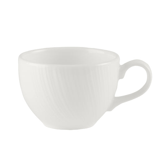 Weiße, geriffelte Kaffeetasse.