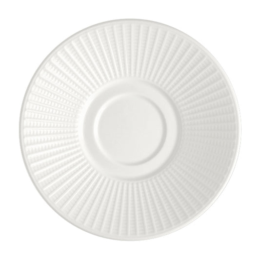Weißer, strukturierter Porzellanteller, Draufsicht.