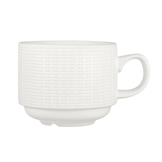 Weiße Tasse mit Strukturmuster.