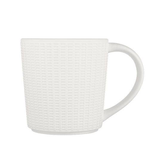 Weiße Tasse mit Strukturmuster.