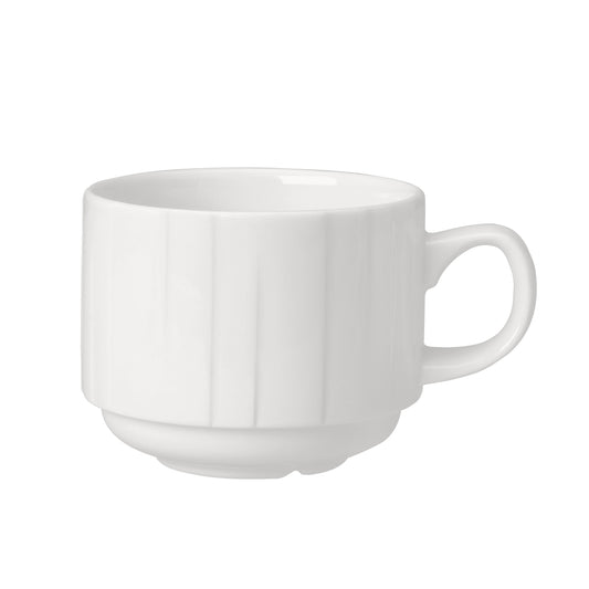 Weiße Tasse mit Henkel.