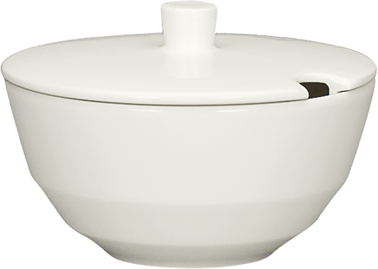 Weiße Porzellanschale mit Deckel.