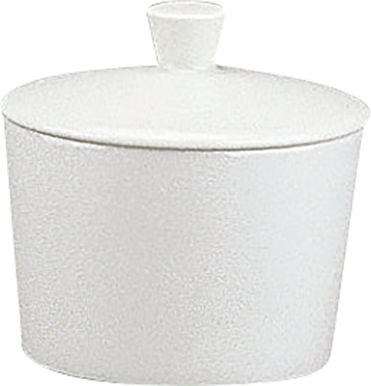 Weiße Porzellanschüssel mit Deckel.