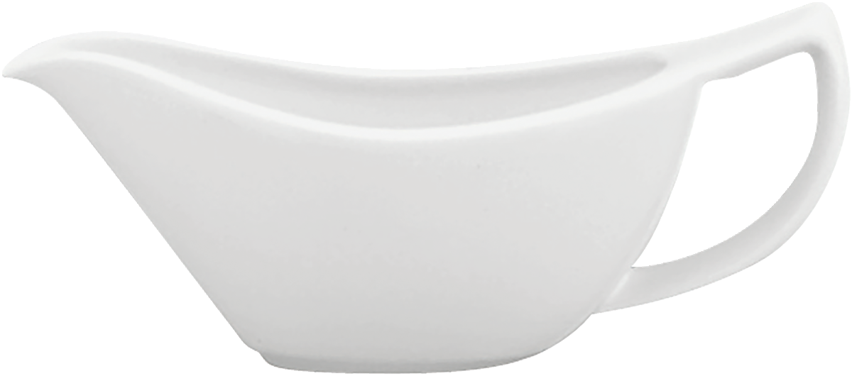 Weiße Porzellan-Sauciere mit Henkel.