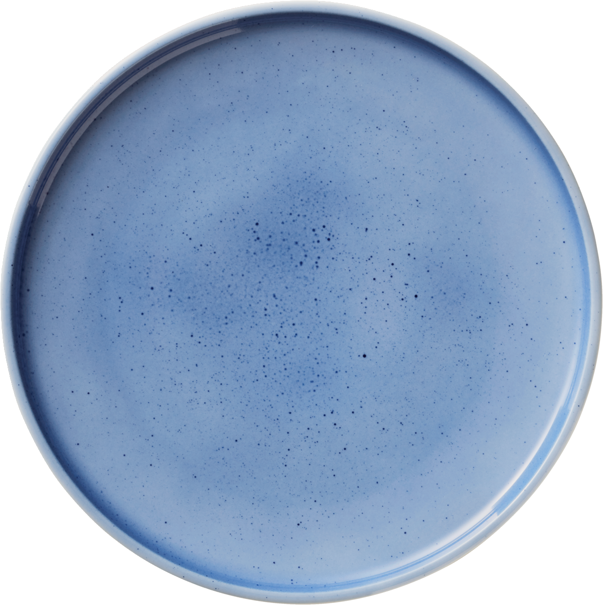 Blauer Teller mit Sprenkeln.