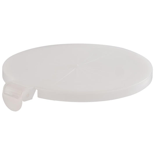 Runder weißer Kunststoffdeckel mit Clip.