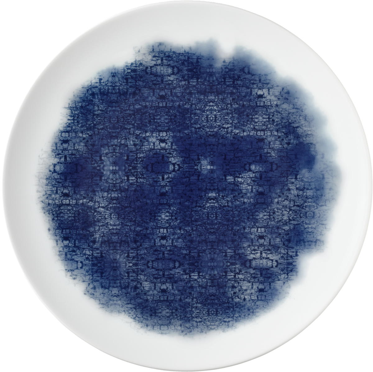 Blauer Teller mit abstraktem Muster.