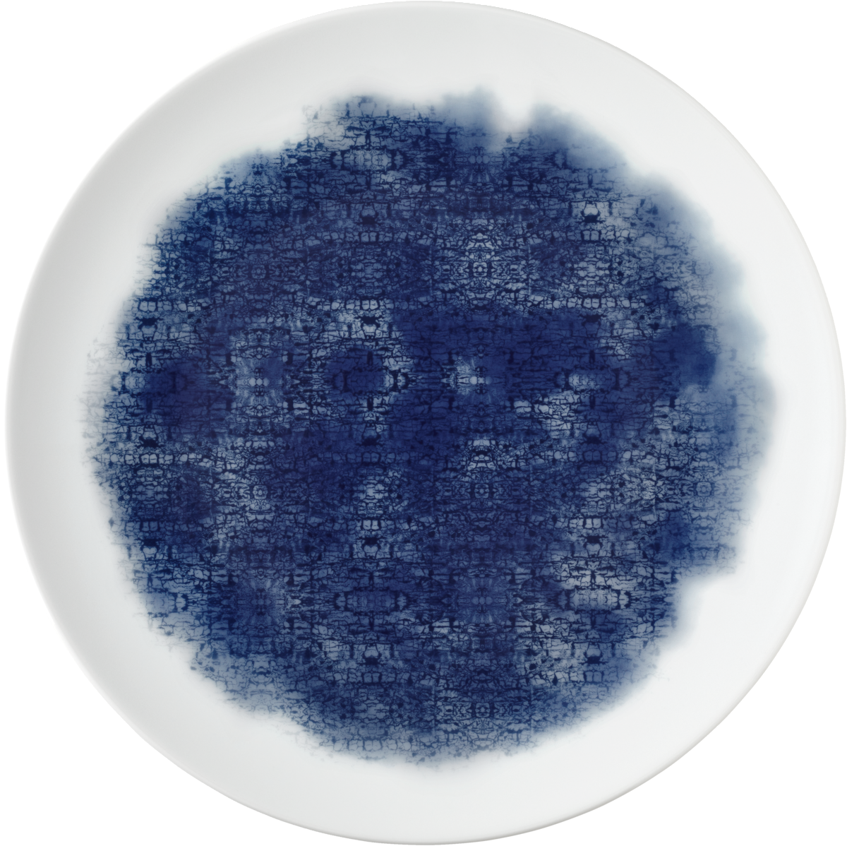 Blauer Teller mit abstraktem Muster.