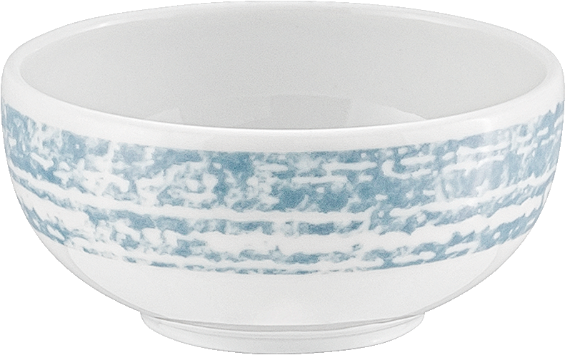 Weiße Schüssel mit blauem Muster.