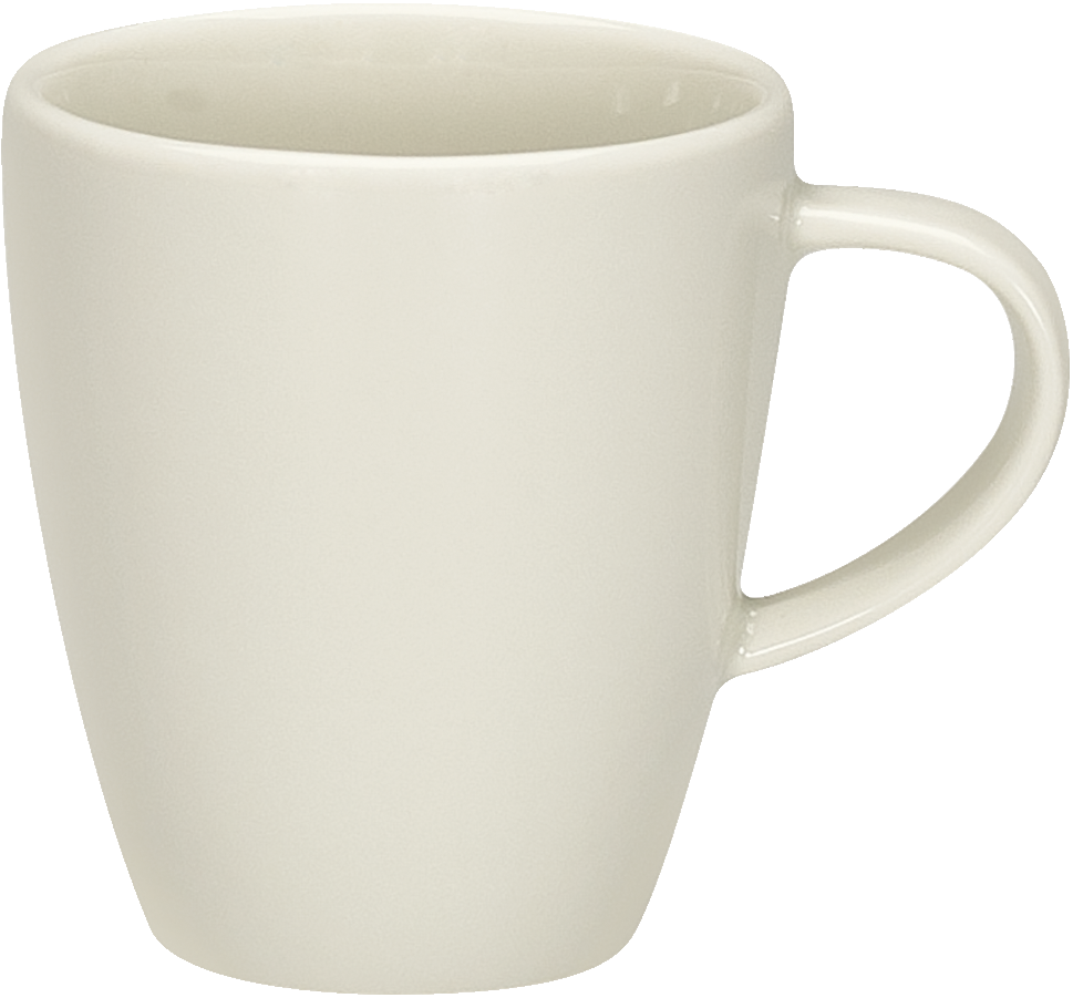 Weiße Tasse mit Henkel.