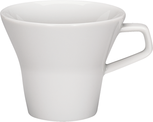 Weiße Tasse mit Henkel.