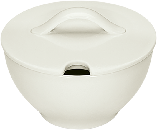 Weiße Porzellanschüssel mit Deckel.