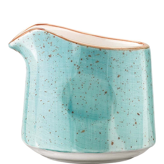 Türkise Keramikkanne mit Sprenkeln.
