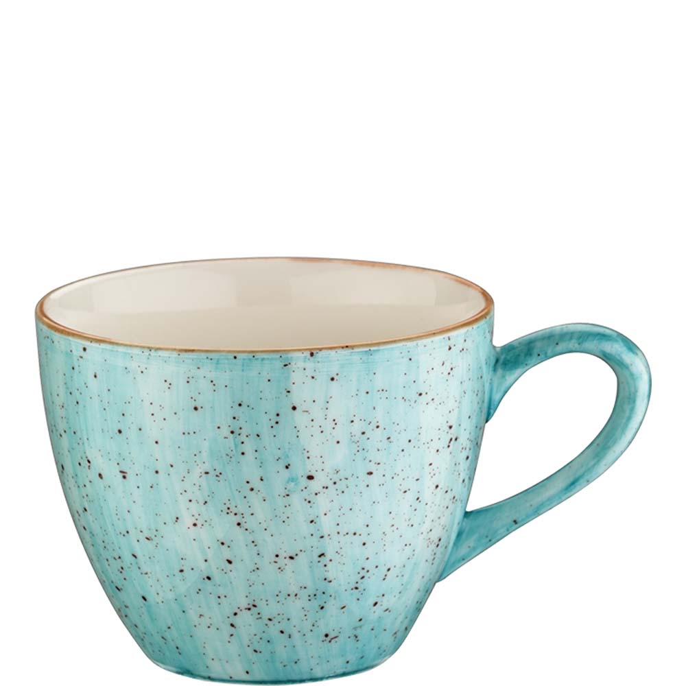 Blaue, gesprenkelte Kaffeetasse.