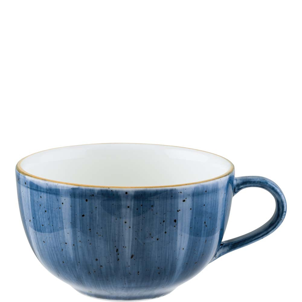 Blaue Keramiktasse mit Henkel.