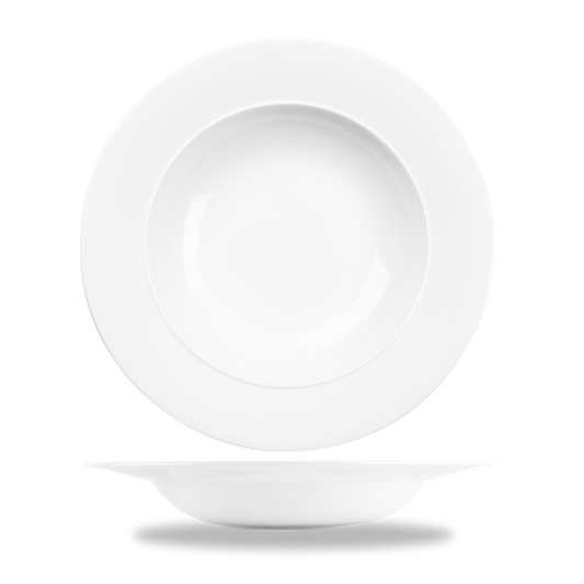 Weiße Porzellanteller, schlichtes Design.