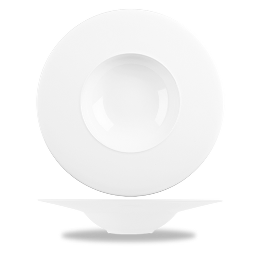 Weißer Porzellanteller mit Vertiefung.