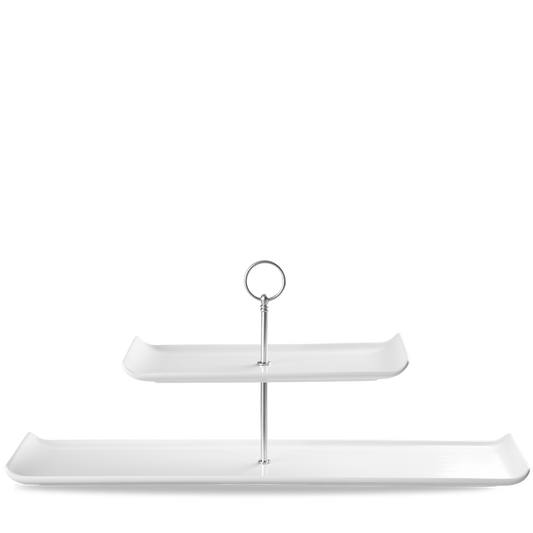 Zweistöckige weiße Etagere, leer.