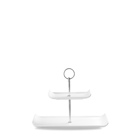 Zweistöckige weiße Etagere leer.