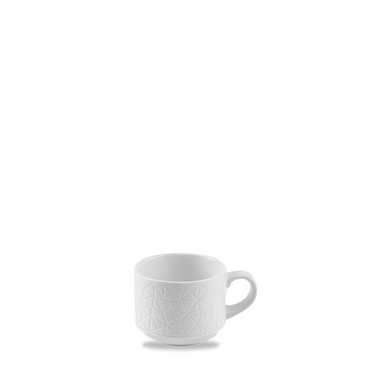 Weiße Tasse mit geometrischem Muster.