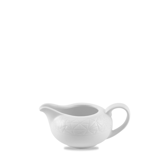 Weiße Porzellan-Sauciere mit Muster.