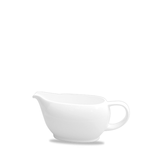 Weiße Porzellan-Sauciere auf Weiß.