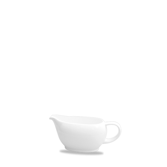 Weiße Porzellan-Sauciere auf Weiß.