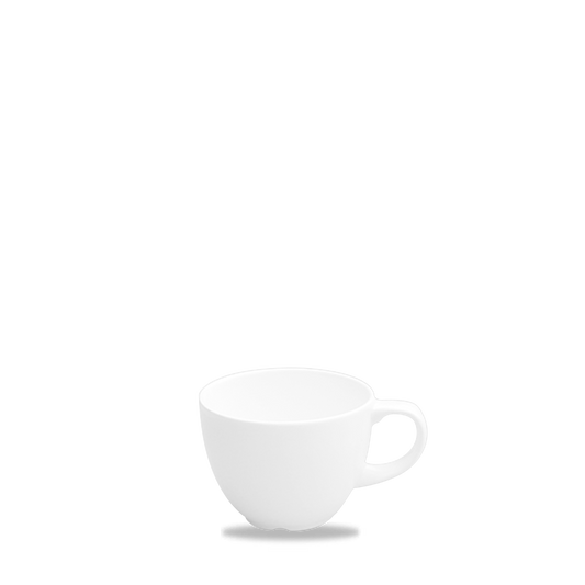 Weiße Tasse auf weißem Hintergrund.