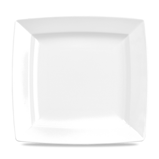 Weißer, quadratischer Teller, leer.