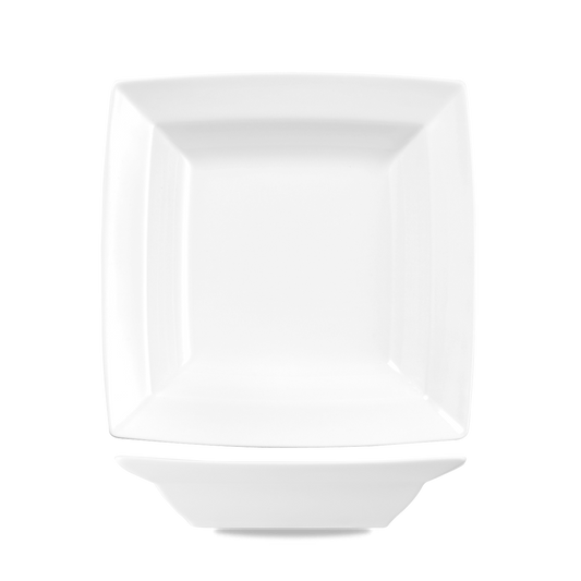 Weißer quadratischer Teller, leer.