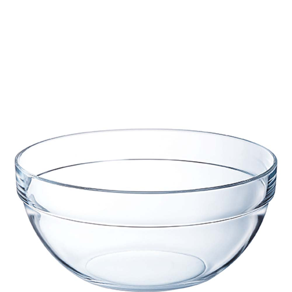 Leere transparente Glasschüssel, weißer Hintergrund