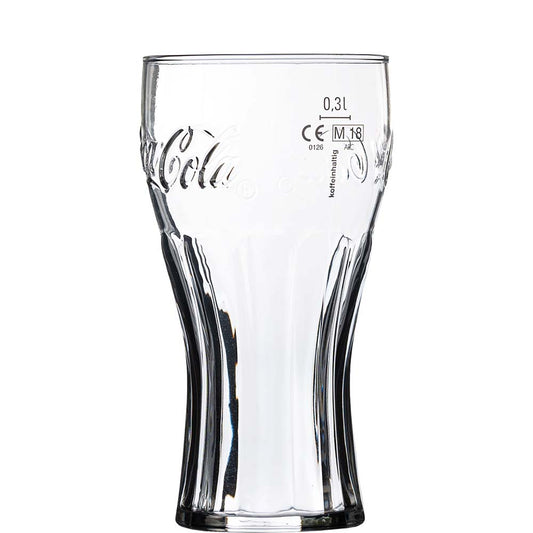 Hohes, transparentes Glas mit Coca-Cola-Aufdruck