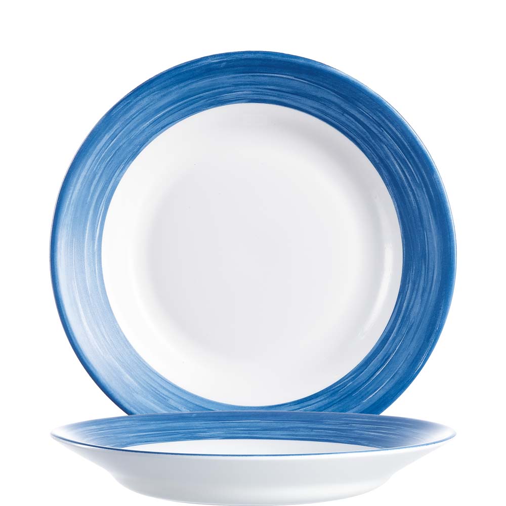 Weißes Teller-Set mit blauem Rand
